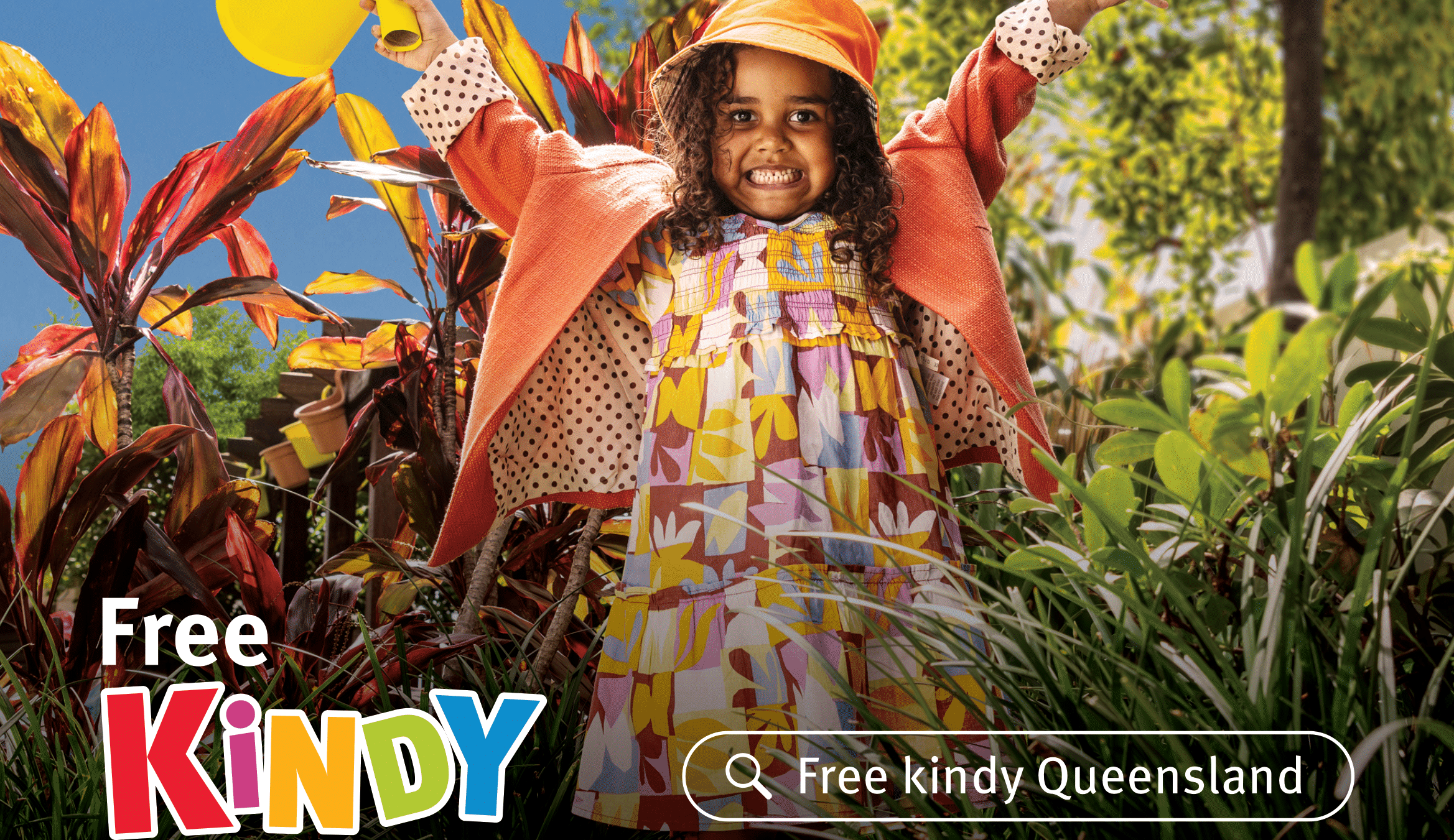 image of a girl in a free Kindy poster raising both here hands
